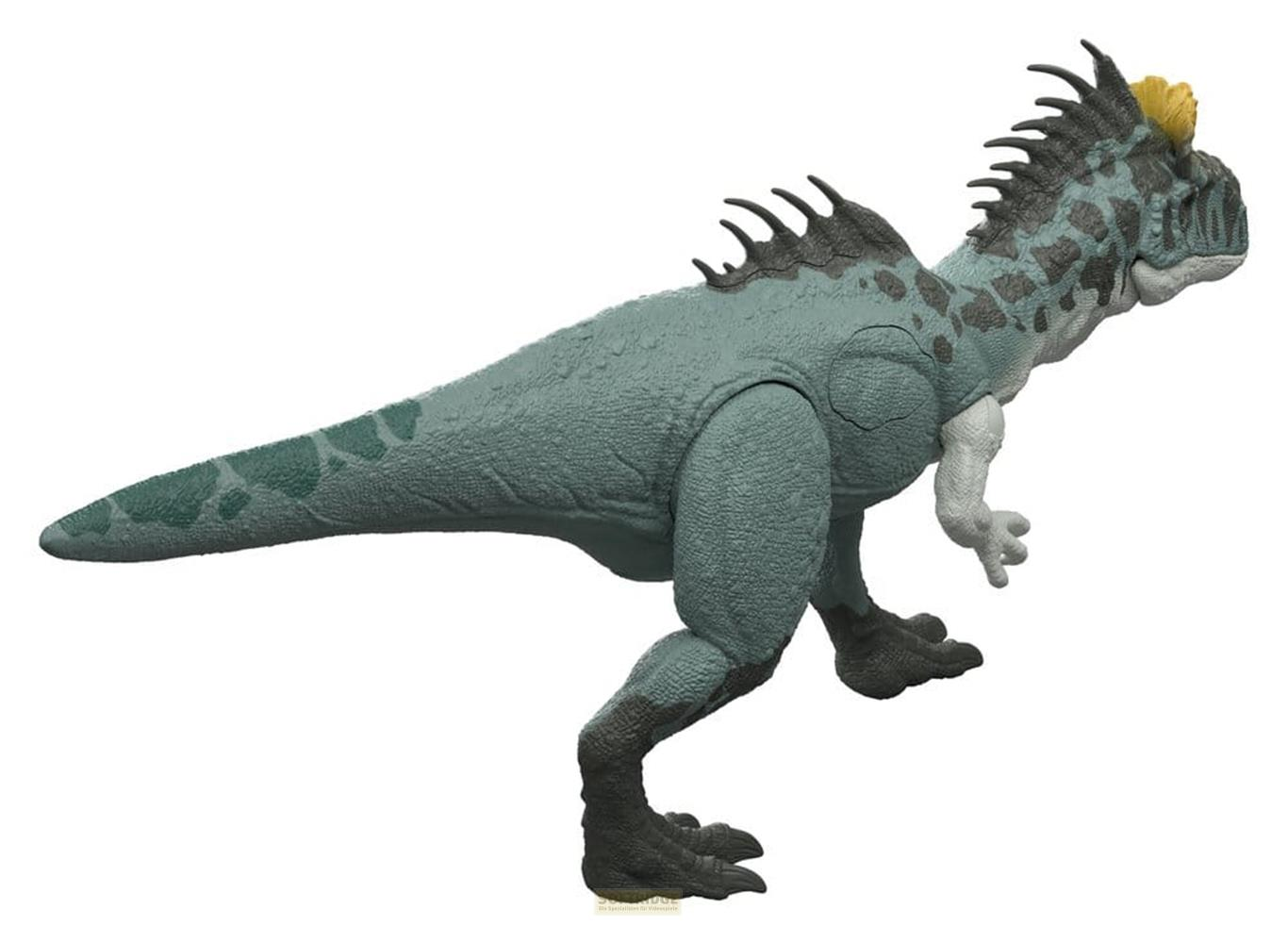 Una figura de dinosaurio verde claro con manchas oscuras y una cresta amarilla en la cabeza.