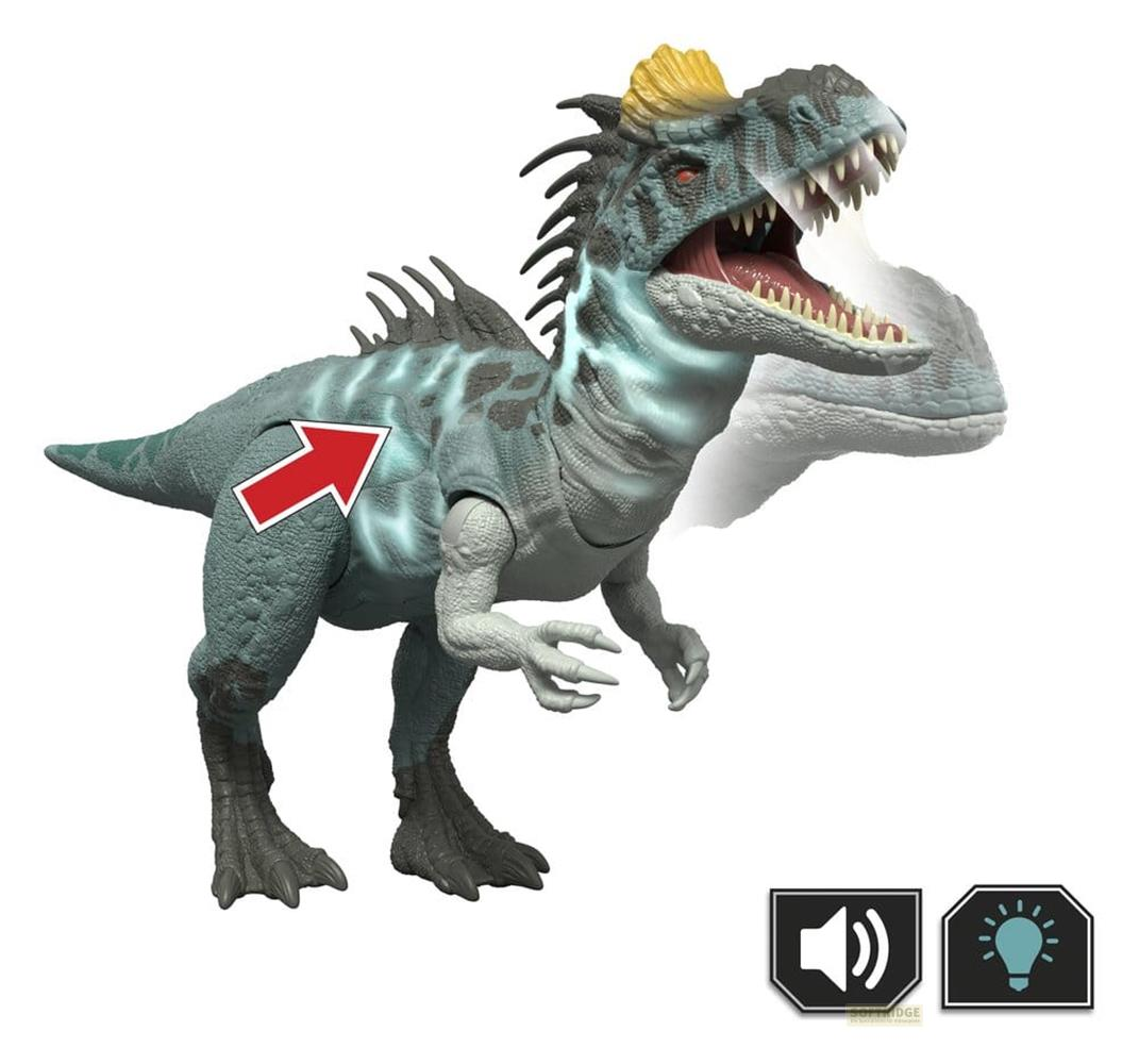 Un juguete de dinosaurio azul verdoso con cresta amarilla y ojos rojos.