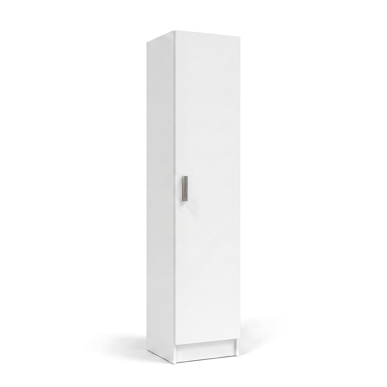 Un armario blanco alto y delgado con una sola puerta y un tirador plateado.