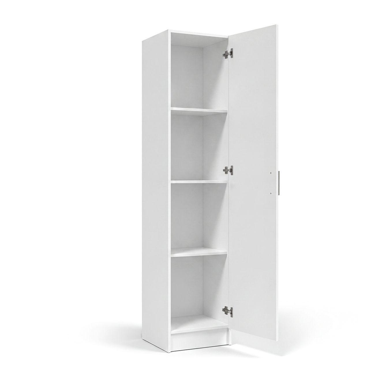 Un armario blanco alto con puerta abierta y cuatro estantes.