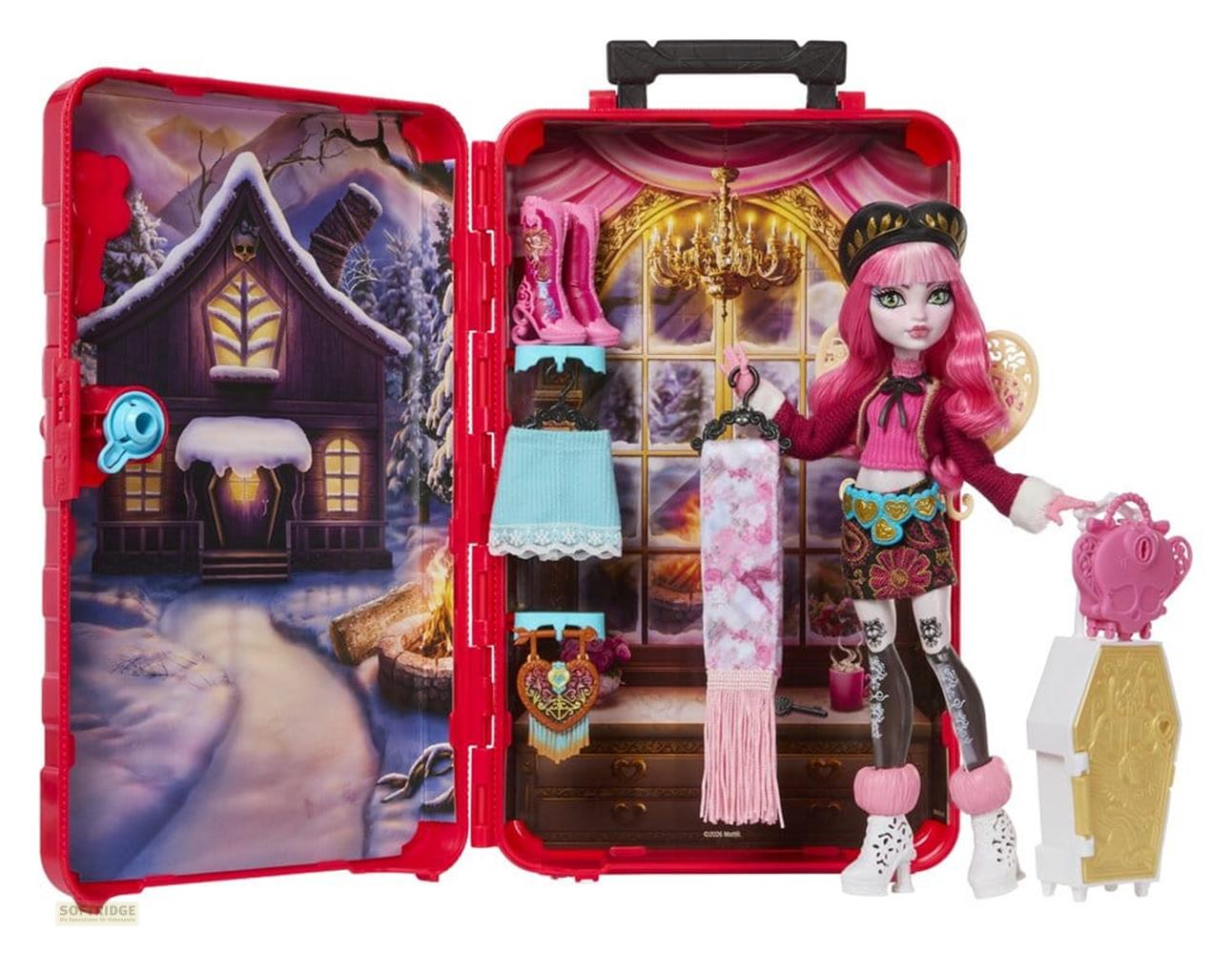 Un set de juego de muñecas en un maletín rojo con muñeca, ropa y escena de casa.
