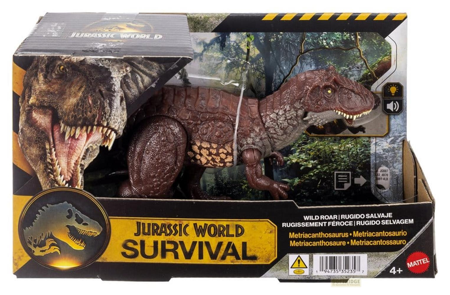 Caja de juguete de dinosaurio Metriacanthosaurus de Jurassic World con dinosaurio de juguete y cabeza de T-Rex.