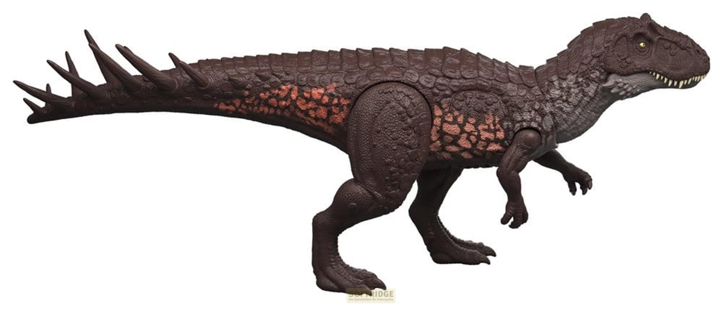 Figura de dinosaurio marrón oscuro con parches rojos en el cuerpo y punta de cola espinosa.