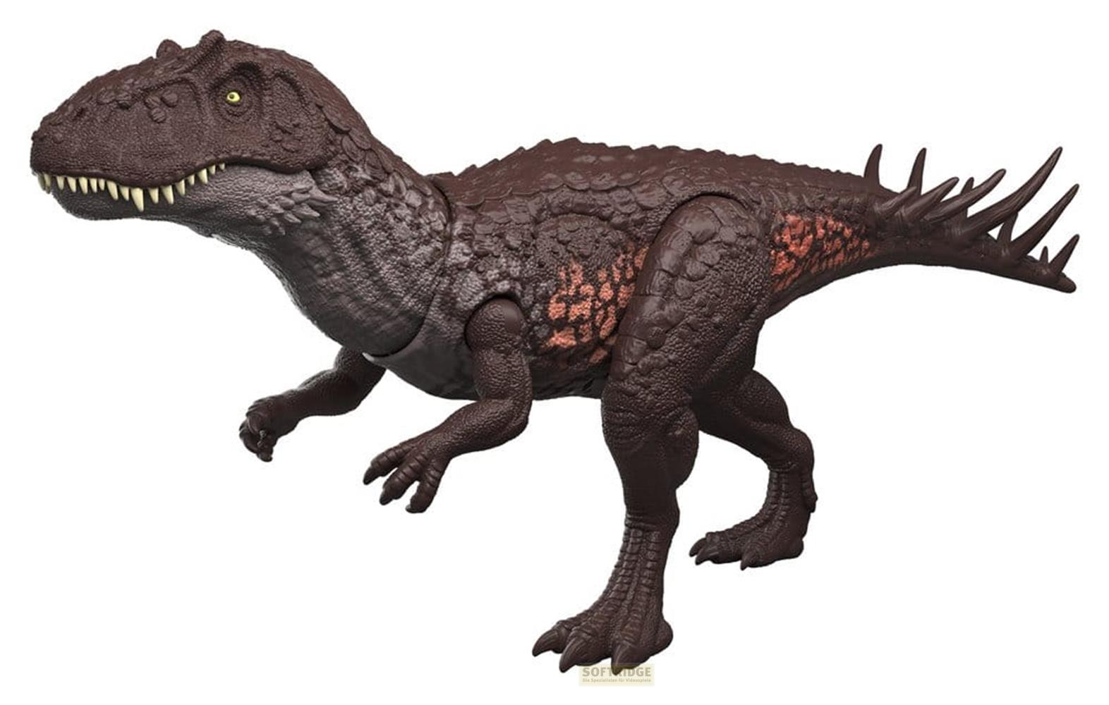 Figura de dinosaurio marrón oscuro con espalda puntiaguda y marcas naranjas.