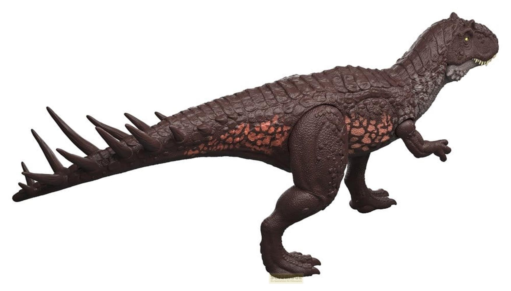 Figura de dinosaurio marrón oscuro con cola puntiaguda y marcas rojas.