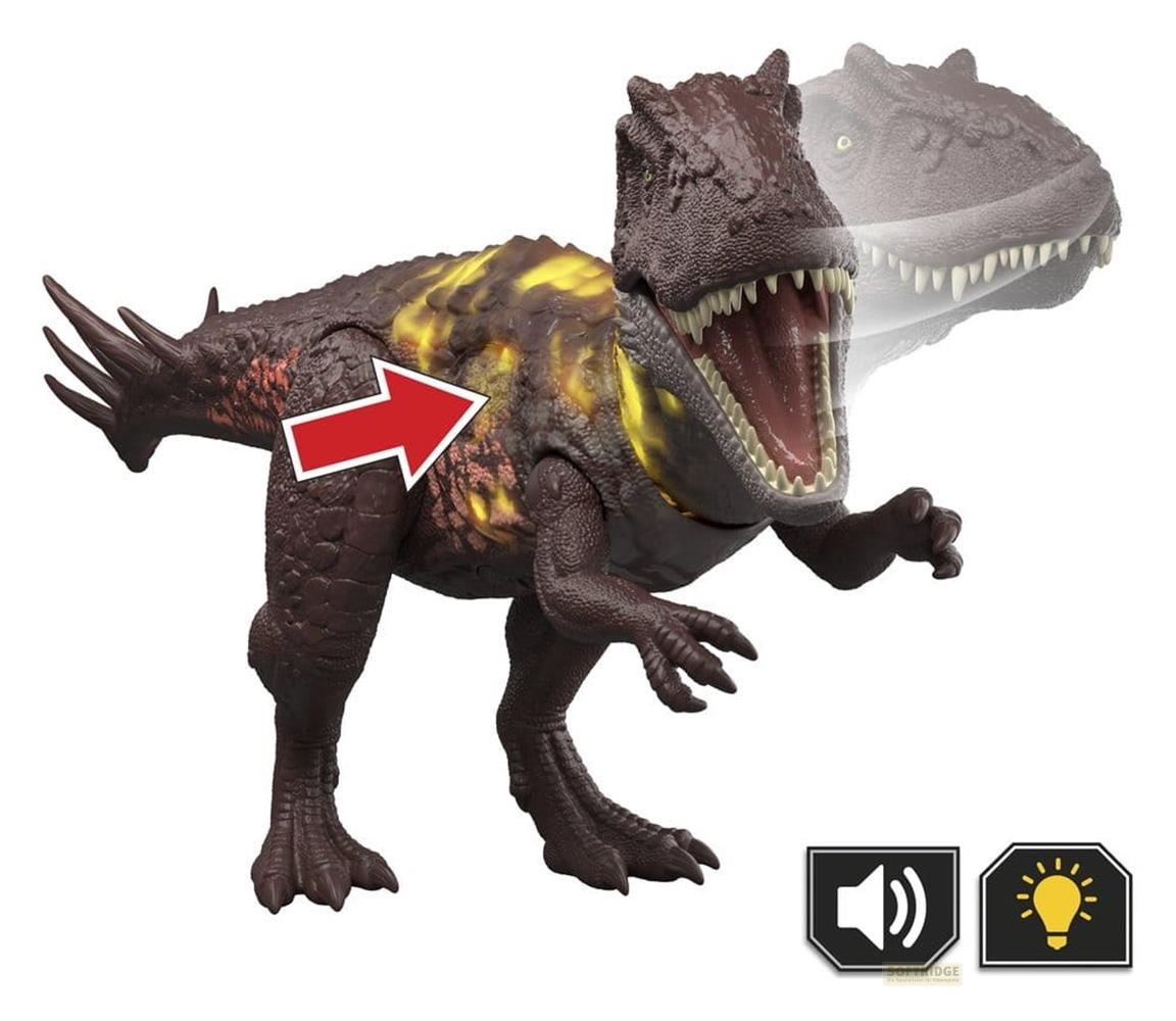 Juguete de dinosaurio marrón con marcas amarillas brillantes y flecha roja. Iconos de sonido y luz.