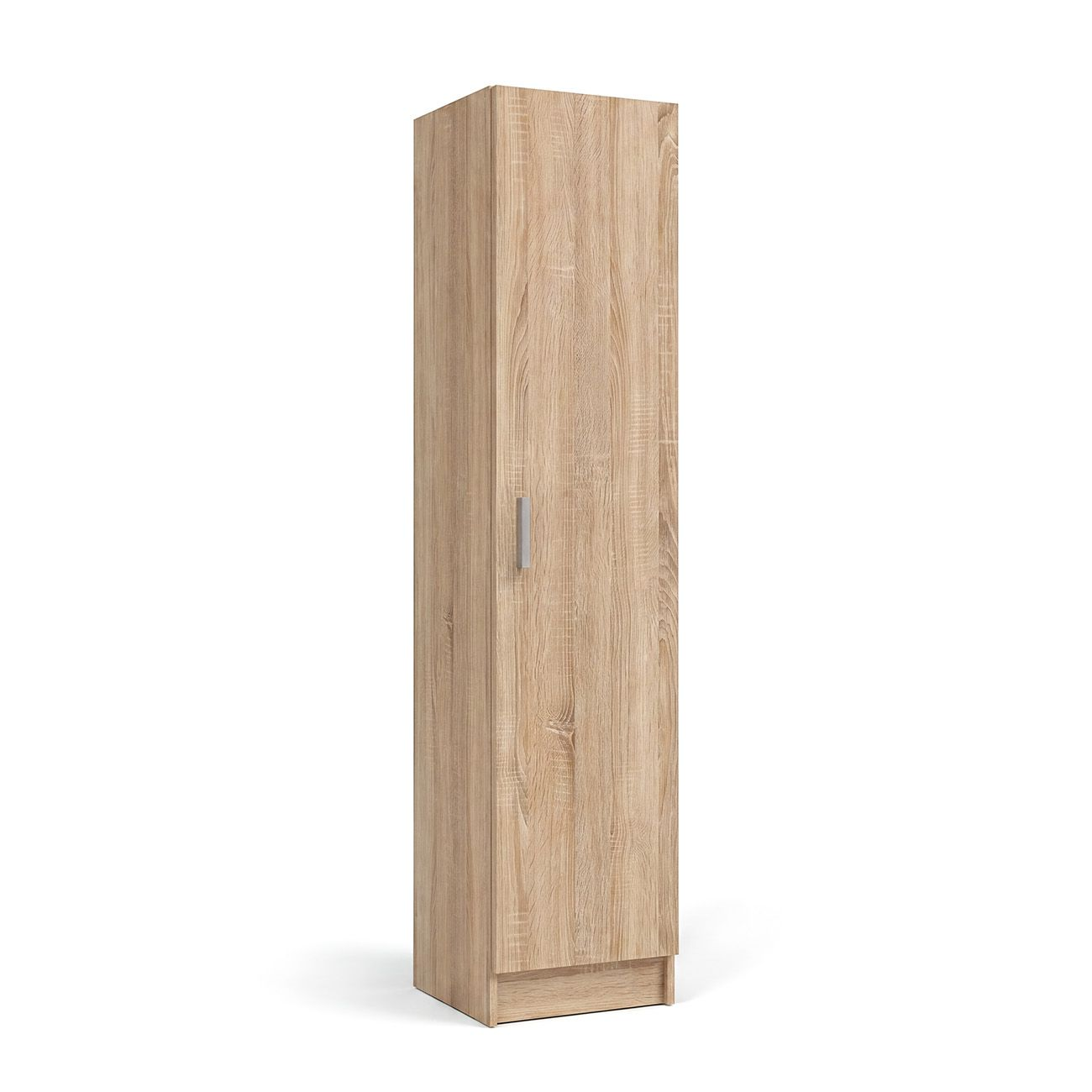 Un armario alto y estrecho en efecto madera de roble claro con puerta gris plateada.