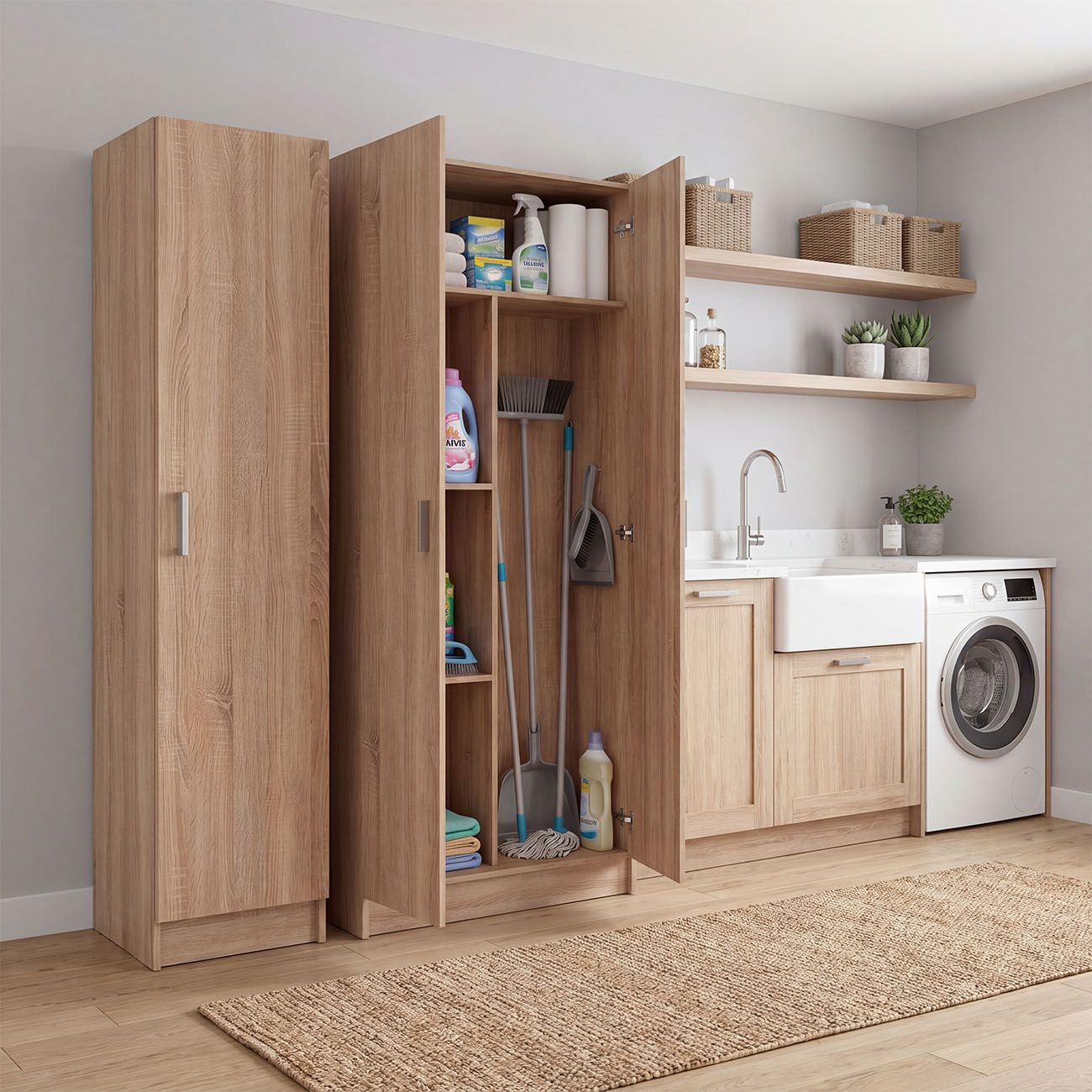 Un lavadero ordenado con armarios de madera, estantes, lavabo, lavadora y artículos de limpieza.