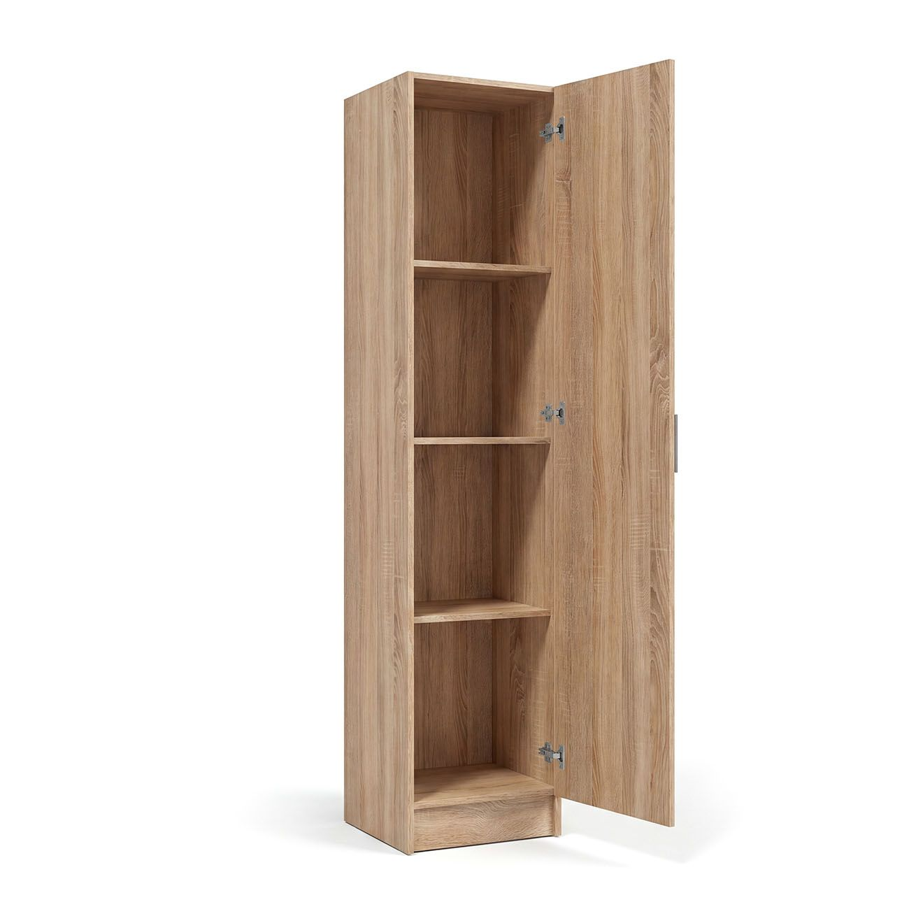 Un armario alto y estrecho de madera con puerta abierta y cuatro estantes.