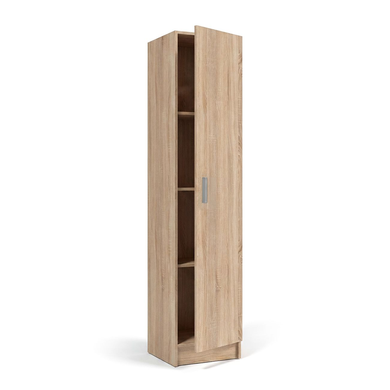 Un armario alto y estrecho de madera con una puerta entreabierta, mostrando estantes.