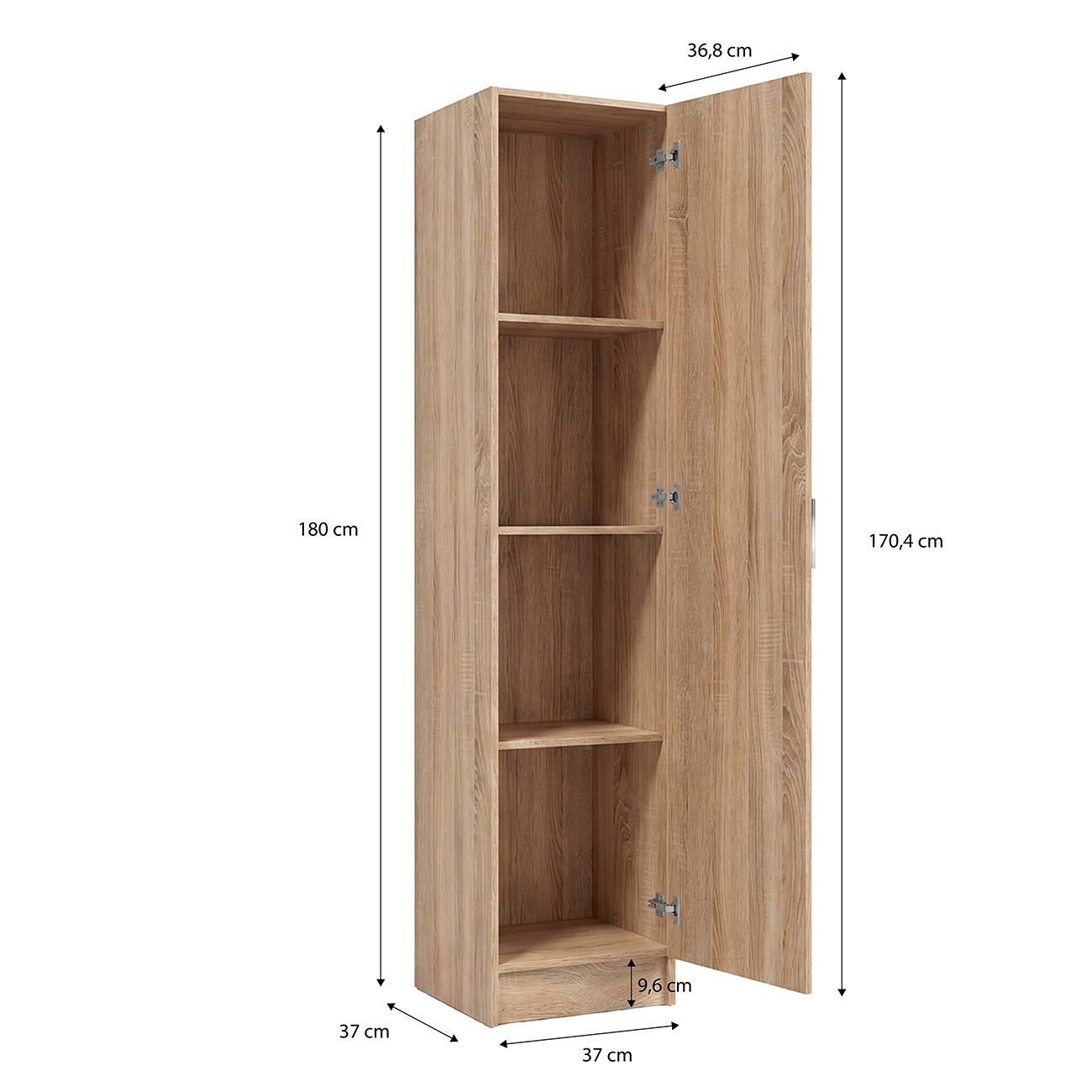 Un armario de madera alto y estrecho con estantes abiertos y una puerta.