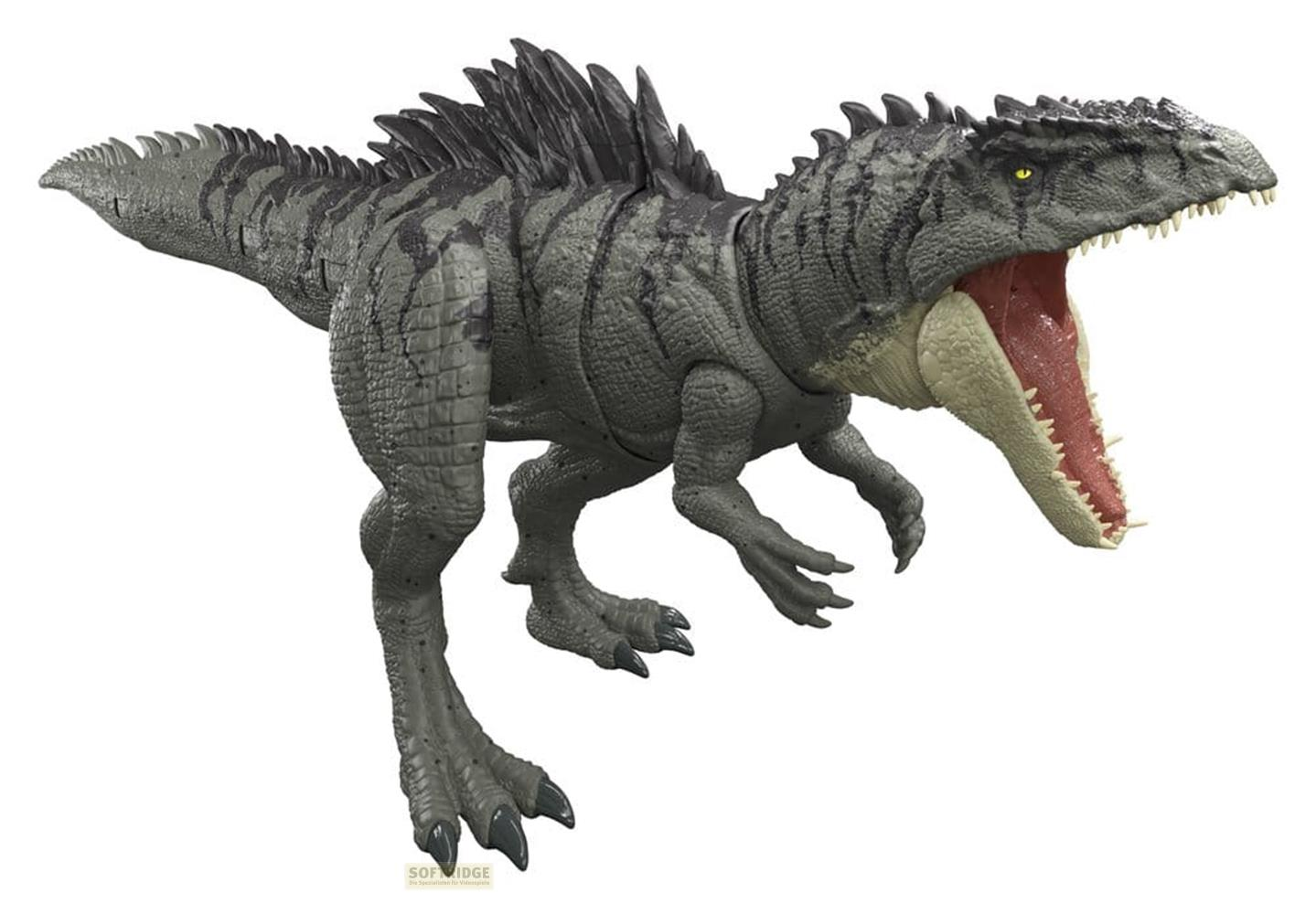 Dinosaurio gris con la boca abierta, dientes afilados, sobre fondo blanco.