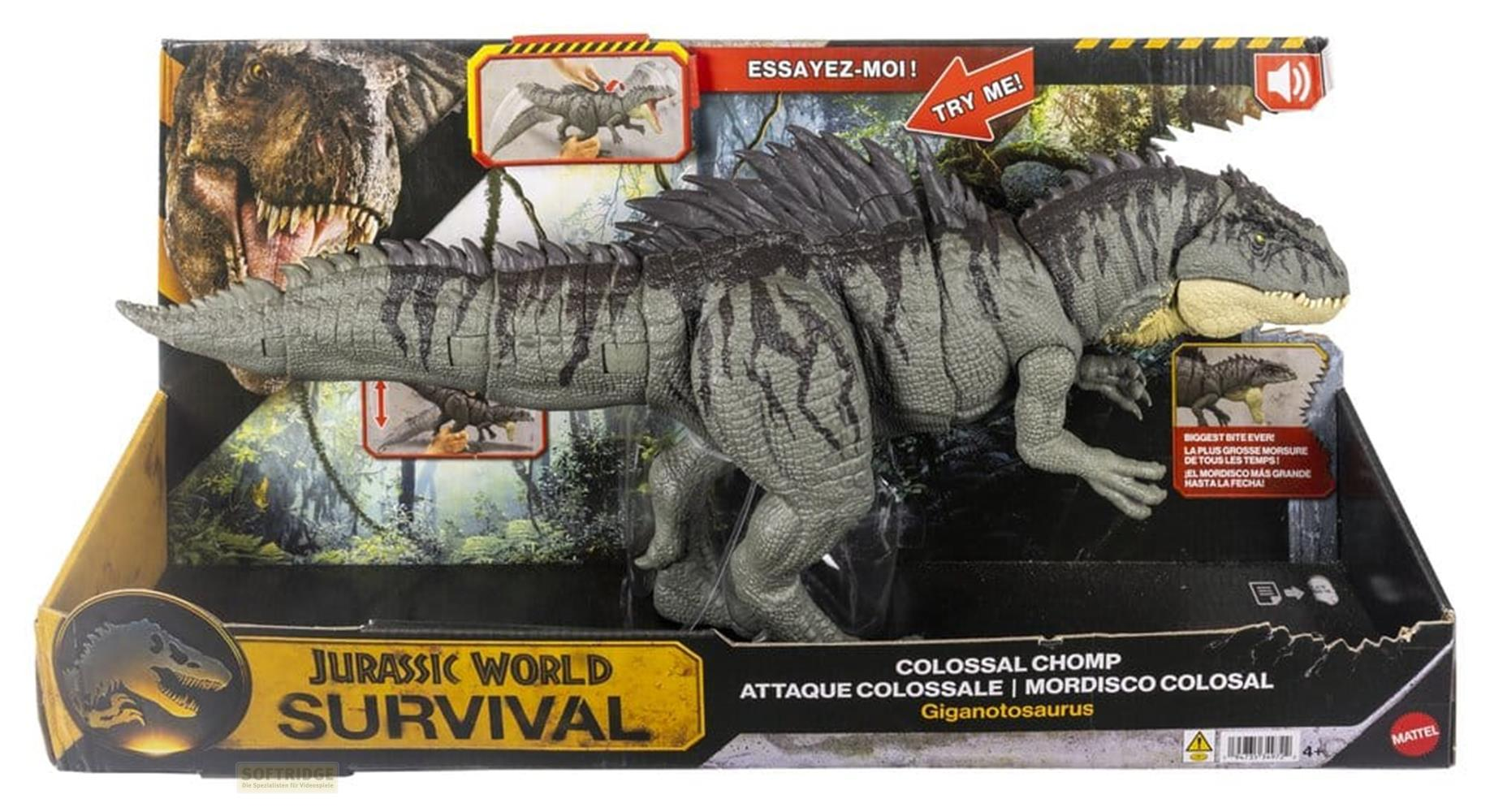 Juguete gris de Giganotosaurus con rayas oscuras en su empaque.