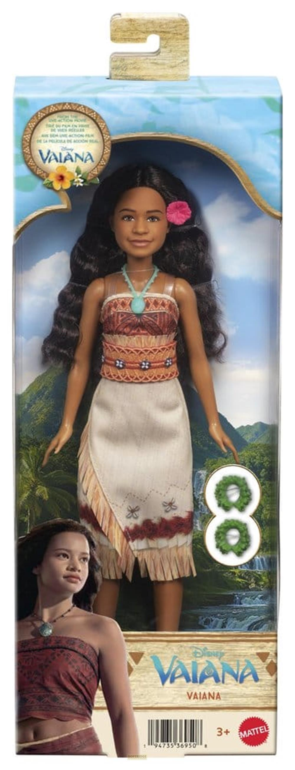 Vaiana-Puppe in Verpackung mit Dschungel-Hintergrund und Blumenmuster.