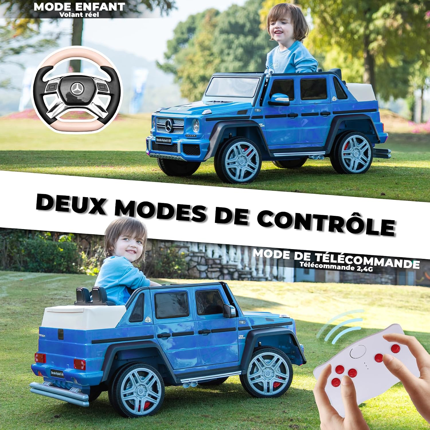 Blaues Elektroauto für Kinder mit Fernbedienung und Lenkrad auf Rasen.