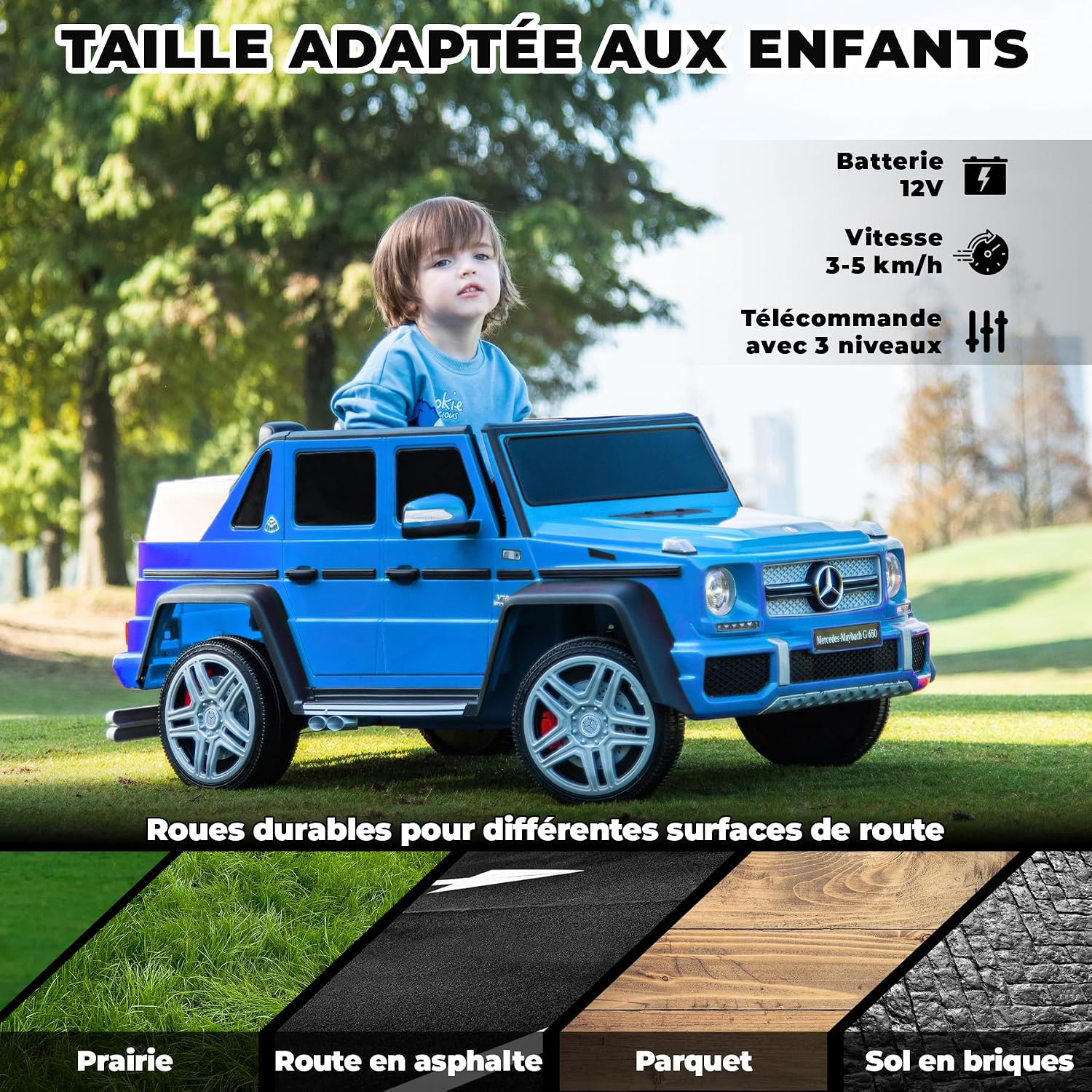 Ein blaues Elektroauto für Kinder mit einem Jungen darin, das für verschiedene Oberflächen geeignet ist.
