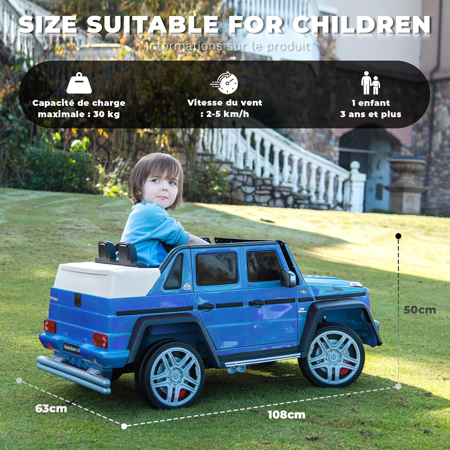 Blaues Elektroauto für Kinder mit einem Jungen, Maße 108x63x50cm, 30kg Kapazität.