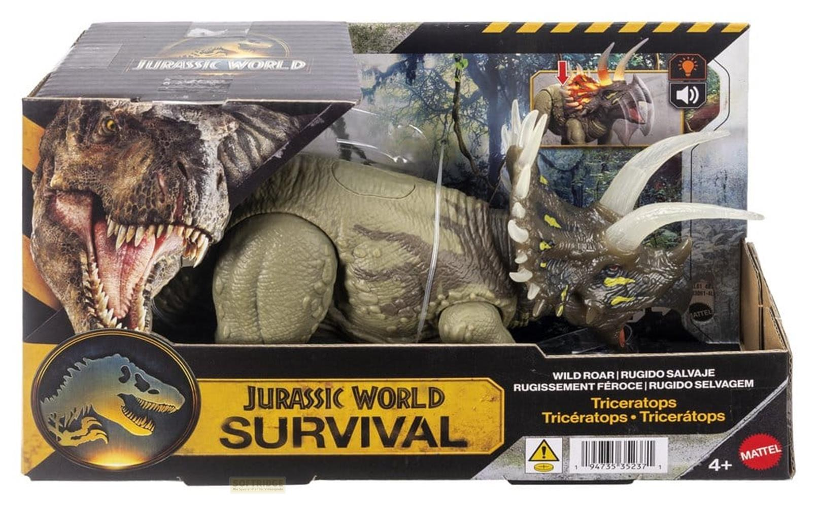 Embalaje de juguete Triceratops de Jurassic World con ilustración de T-Rex y dinosaurio.