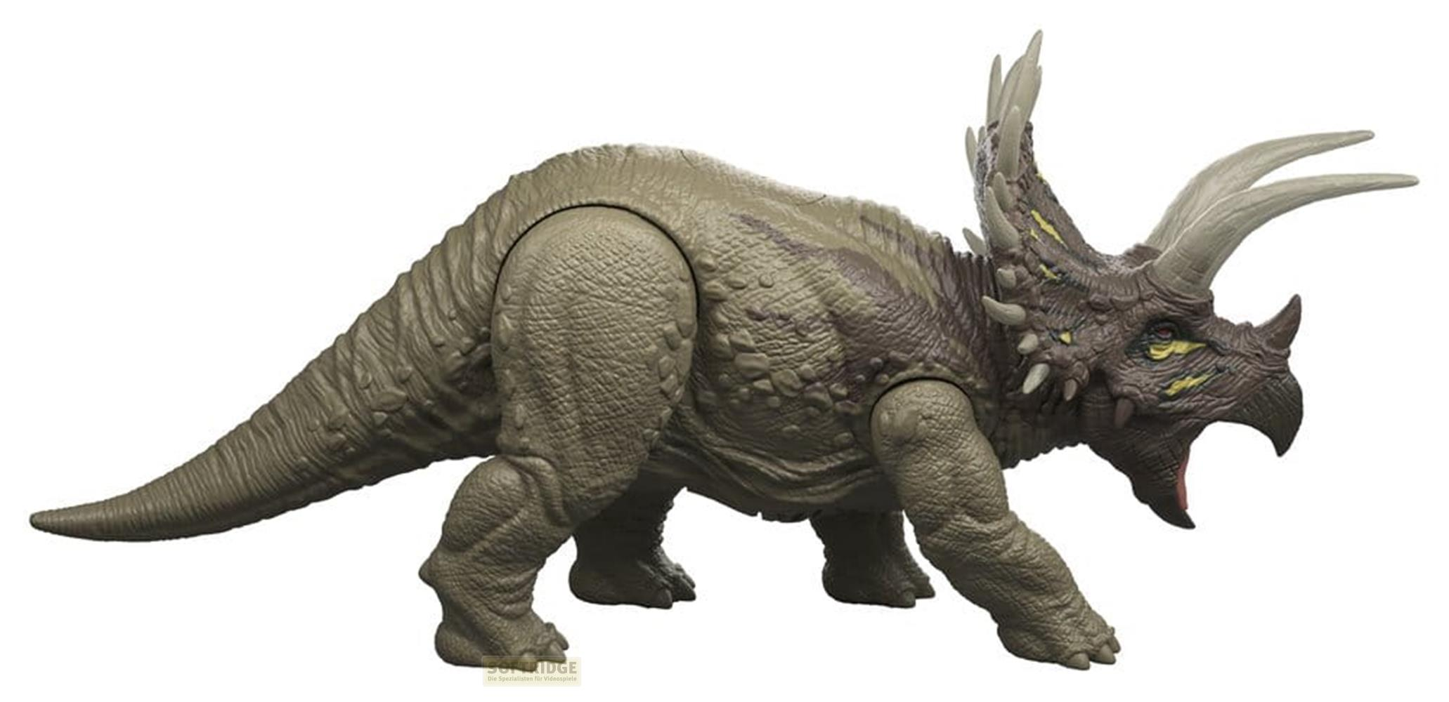 Una figura de juguete marrón de dinosaurio Triceratops con cuernos y un volante.