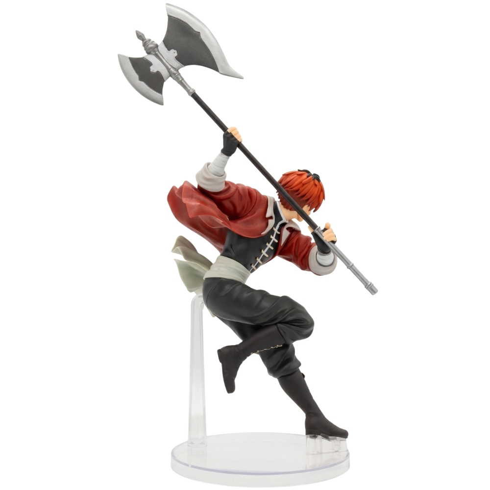 Figura de hombre pelirrojo con hacha, chaqueta roja y pantalones negros.