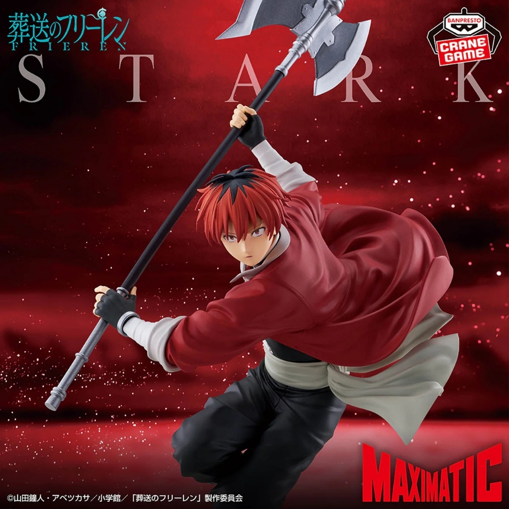 Stark con chaqueta roja y hacha, sobre fondo rojo.