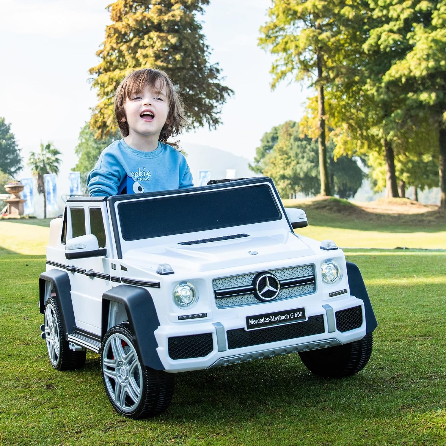 Ein kleines Kind sitzt in einem weißen Spielzeugauto auf einer grünen Wiese.