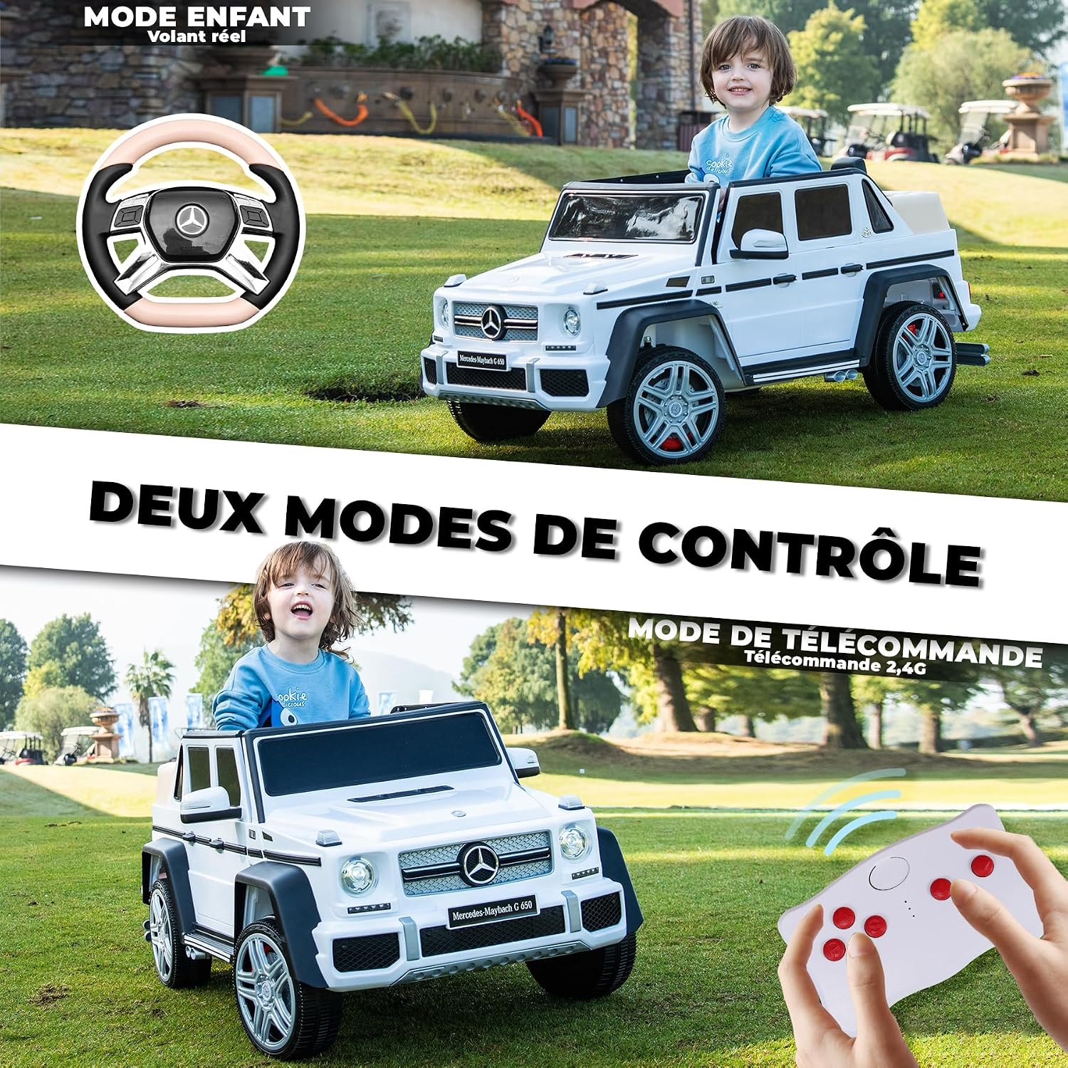 Ein weißes Kinder-Elektroauto mit Fernbedienung und einem Kind darin auf einer Rasenfläche.