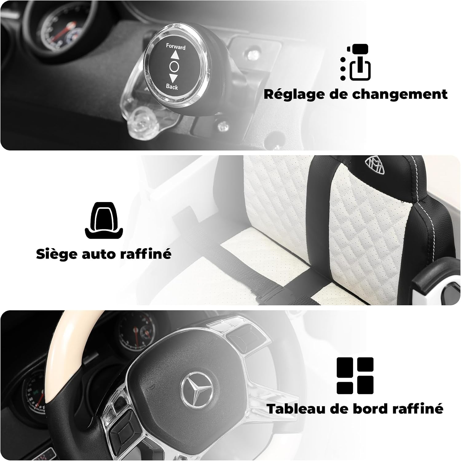 Nahaufnahme eines Kinderautos: Schaltregler, Sitz und Armaturenbrett.