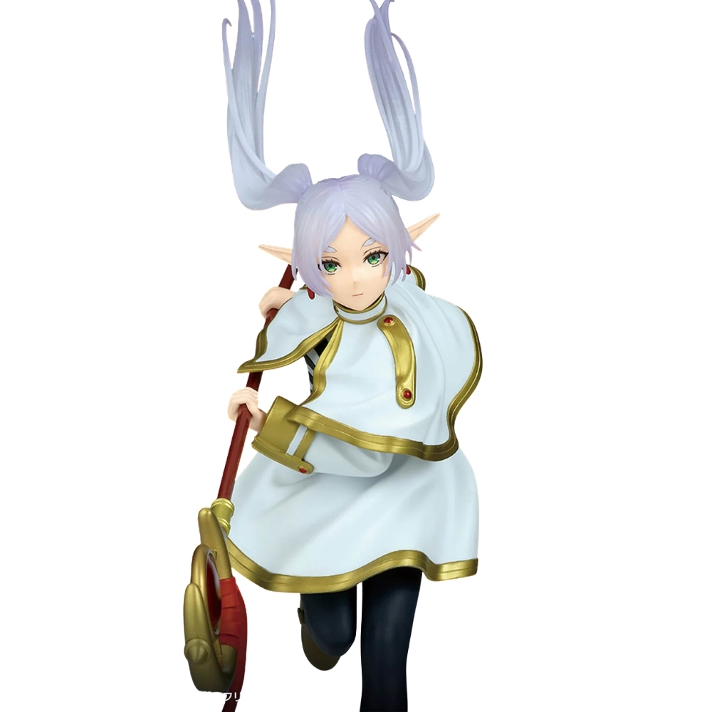 Figura de anime con pelo morado, orejas puntiagudas y capa blanca, sosteniendo un bastón.
