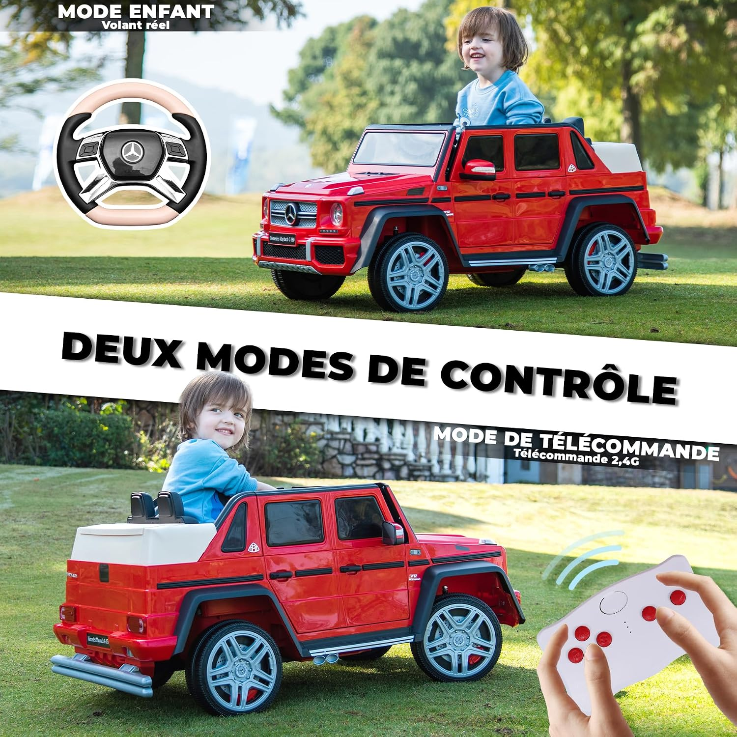 Ein rotes Spielzeugauto mit einem Jungen, der darauf sitzt. Es gibt zwei Steuerungsmodi.