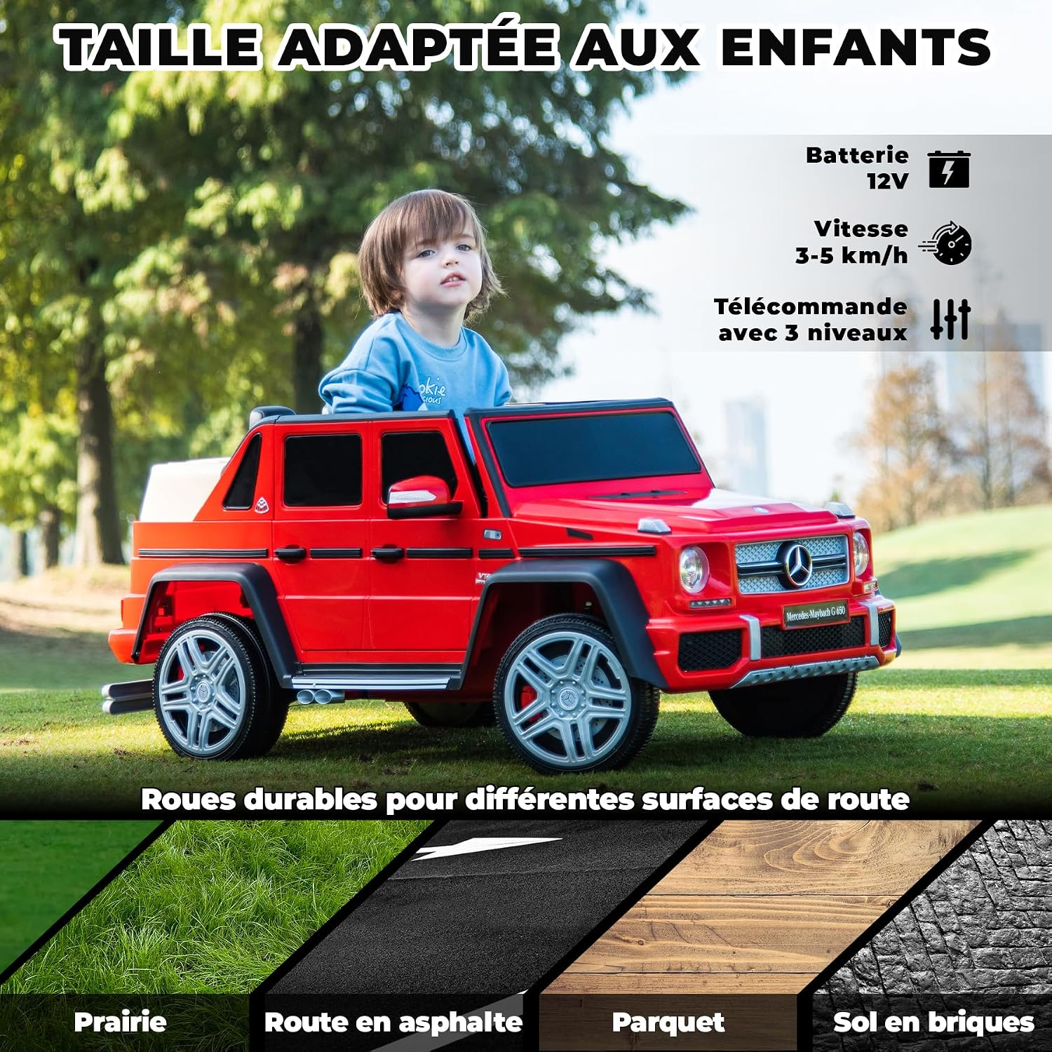Rotes Elektroauto für Kinder mit einem Jungen, 12V Batterie, 3-5 km/h.
