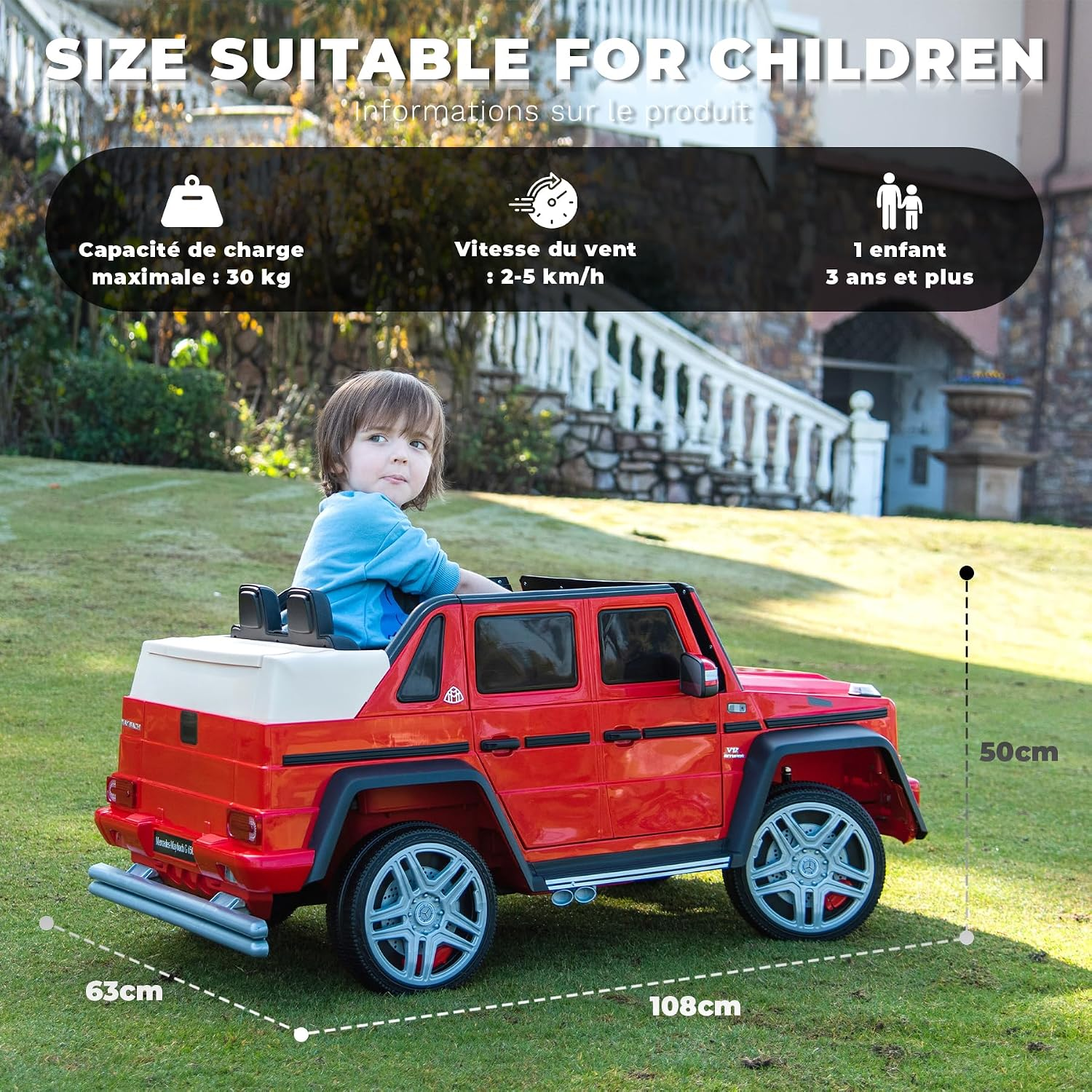 Rotes Spielzeugauto mit Kind, Maße: 108x63x50cm, Ladekapazität 30kg, 2-5km/h.
