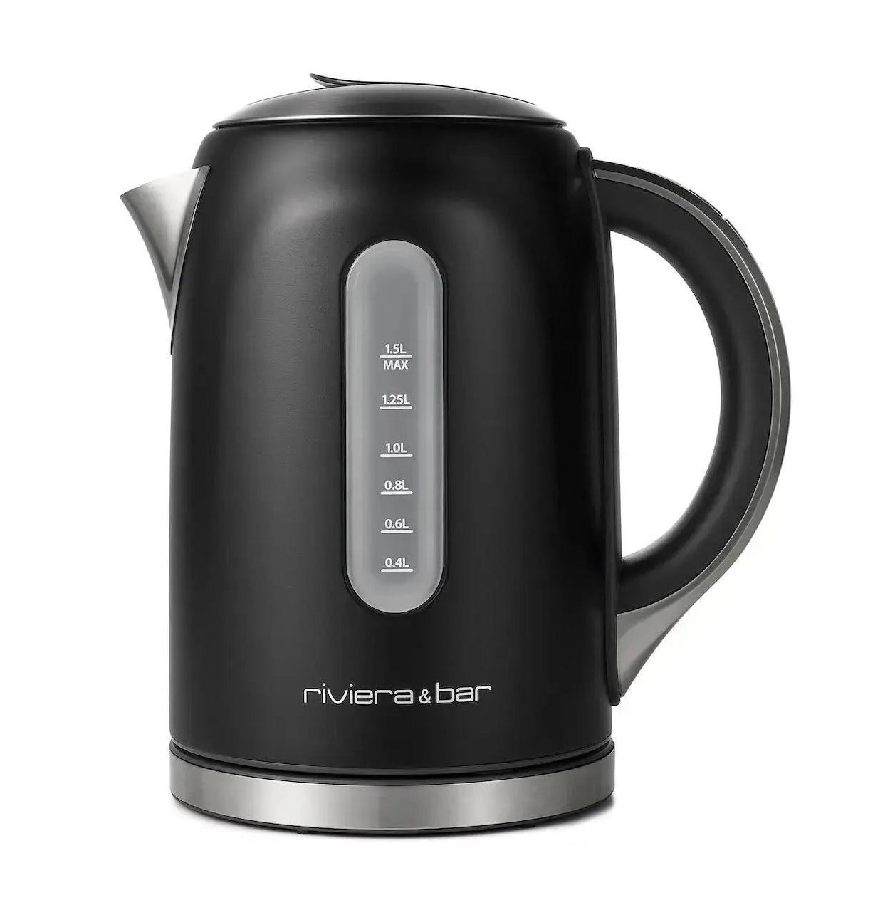 Bollitore elettrico nero con base e manico argentati, con indicatore del livello dell'acqua.