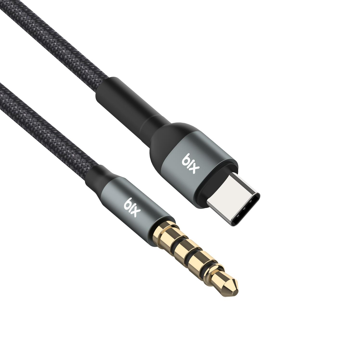 USB-C ve 3,5 mm jaklı siyah kablo, üzerinde 'bix' yazılı.