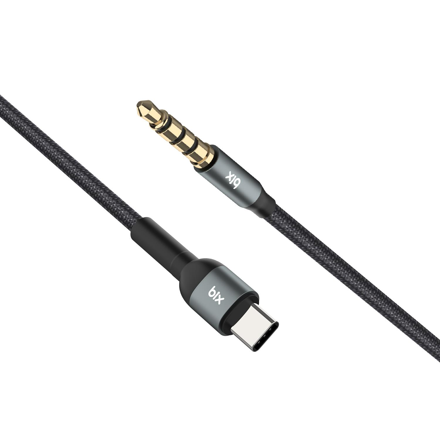 Her ikisi de 'bix' markalı, USB-C ve 3,5 mm jak konektörlü siyah bir ses kablosu.