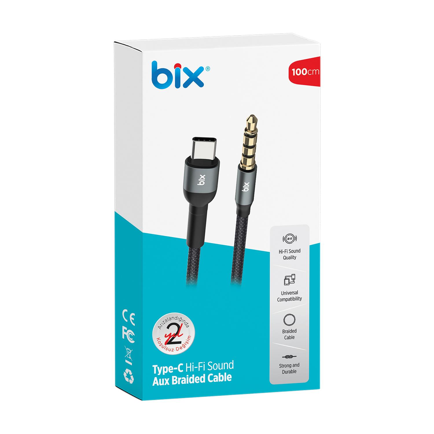Bix Type-C Hi-Fi Ses Aux Örgülü Kablo, 100 cm, ambalaj üzerinde.