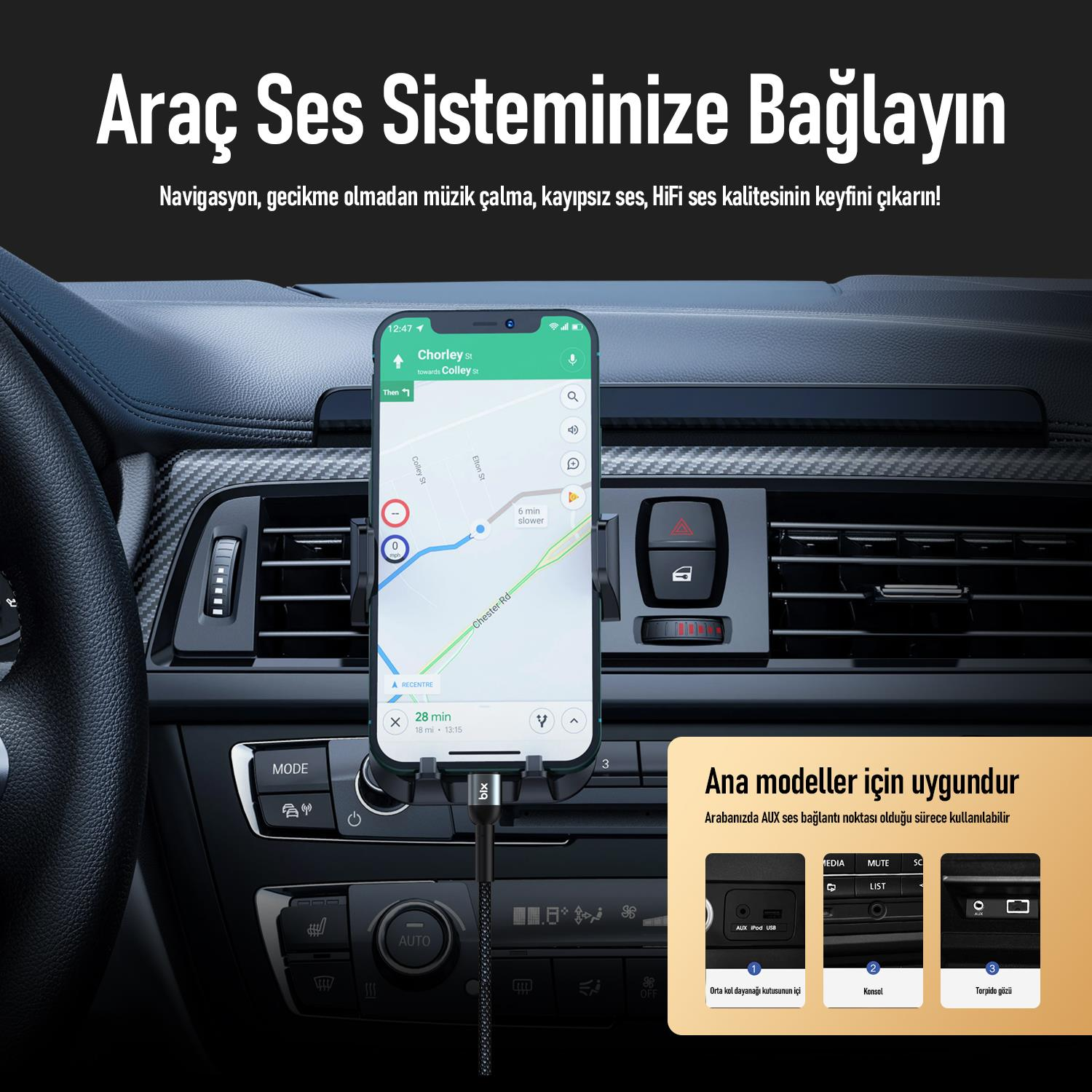 Navigasyonlu akıllı telefon araç tutucusuna monte edilmiş. Bir kablo araca bağlı.
