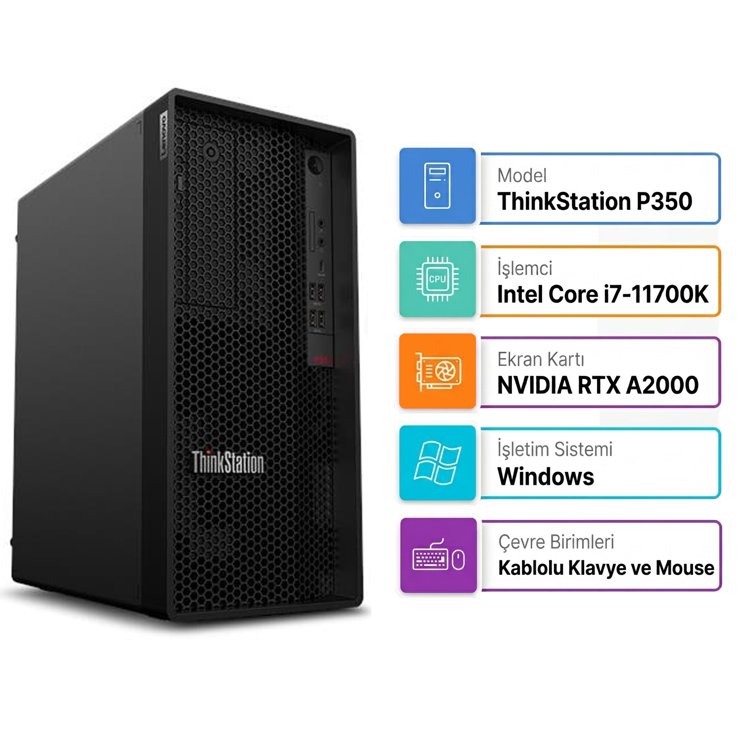 Intel Core i7, RTX A2000, Windows ve aksesuarlı siyah Lenovo ThinkStation P350 PC.