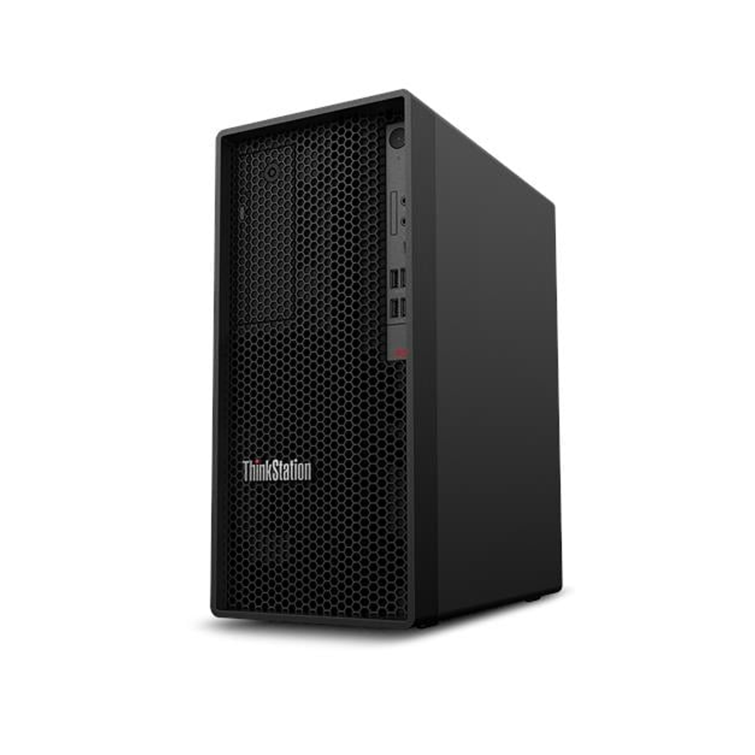 Petek desenli ön panele ve bağlantı noktalarına sahip siyah Lenovo ThinkStation PC.