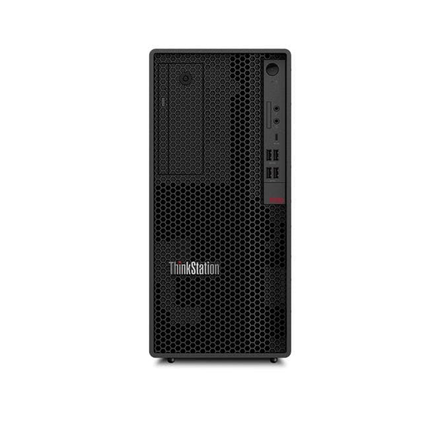 Bal peteği desenli ön panele sahip siyah bir Lenovo ThinkStation kule bilgisayar.