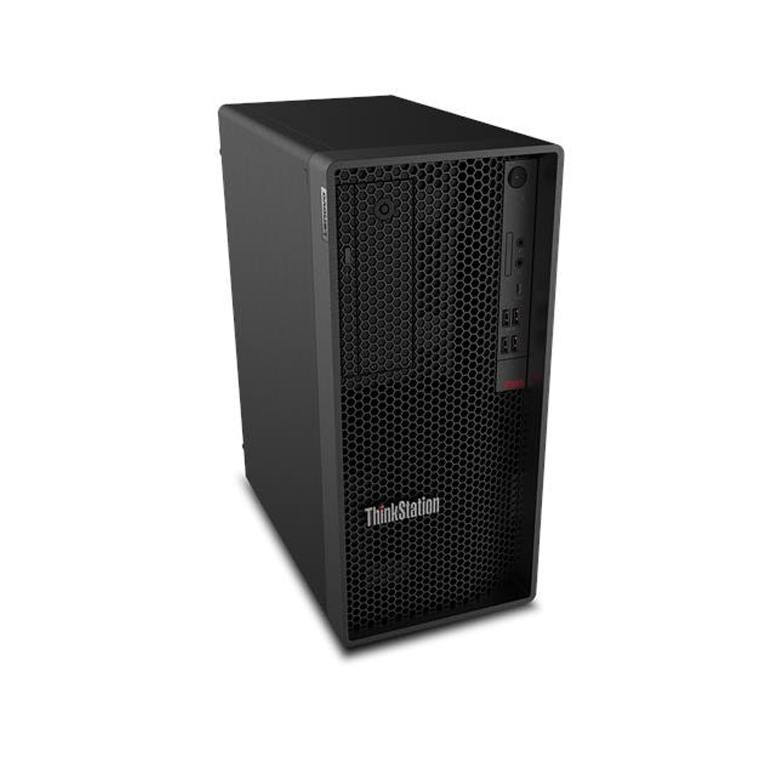 Beyaz arka plan üzerinde siyah Lenovo ThinkStation bilgisayar.