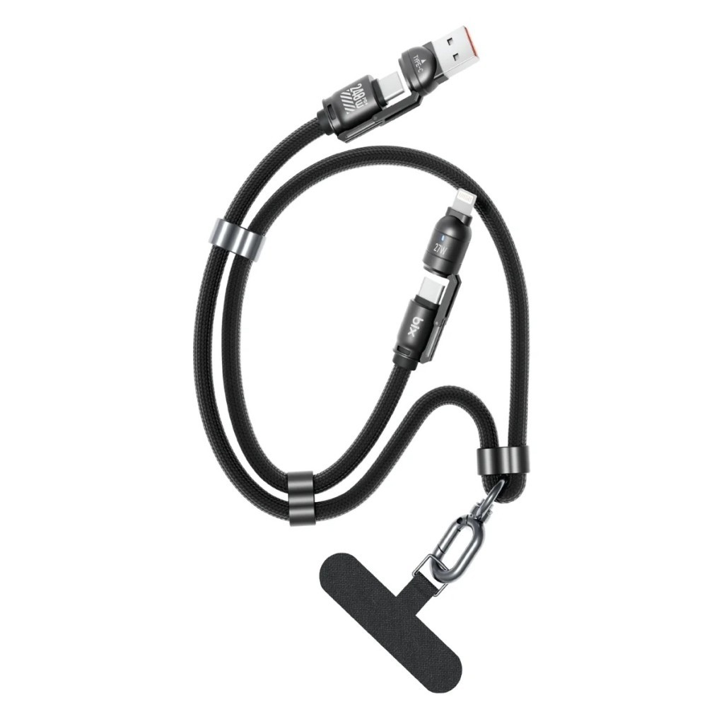 USB-C ve Lightning konnektörlü siyah şarj kablosu, kordonlu ve tutuculu.