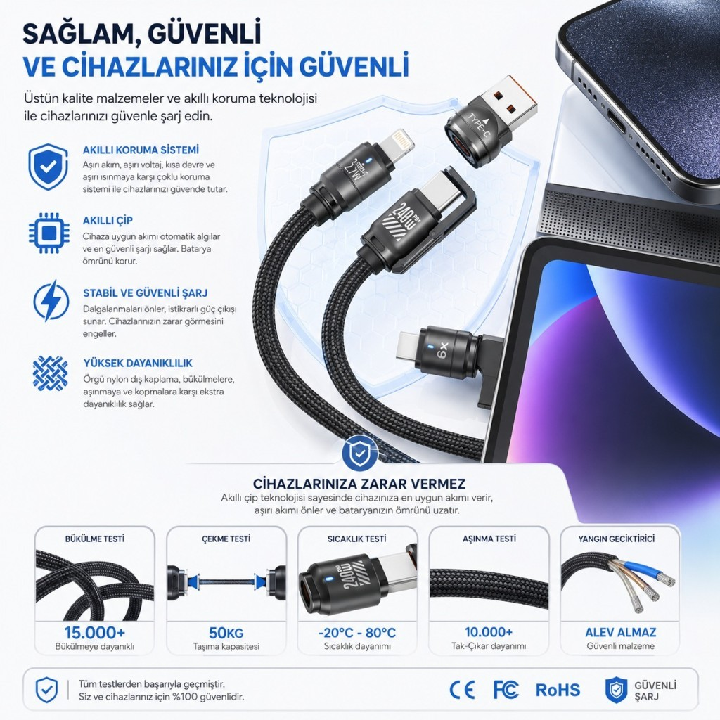 Akıllı telefon ve tablete bağlı USB-A, Lightning ve USB-C konektörlü çoklu şarj kabloları.