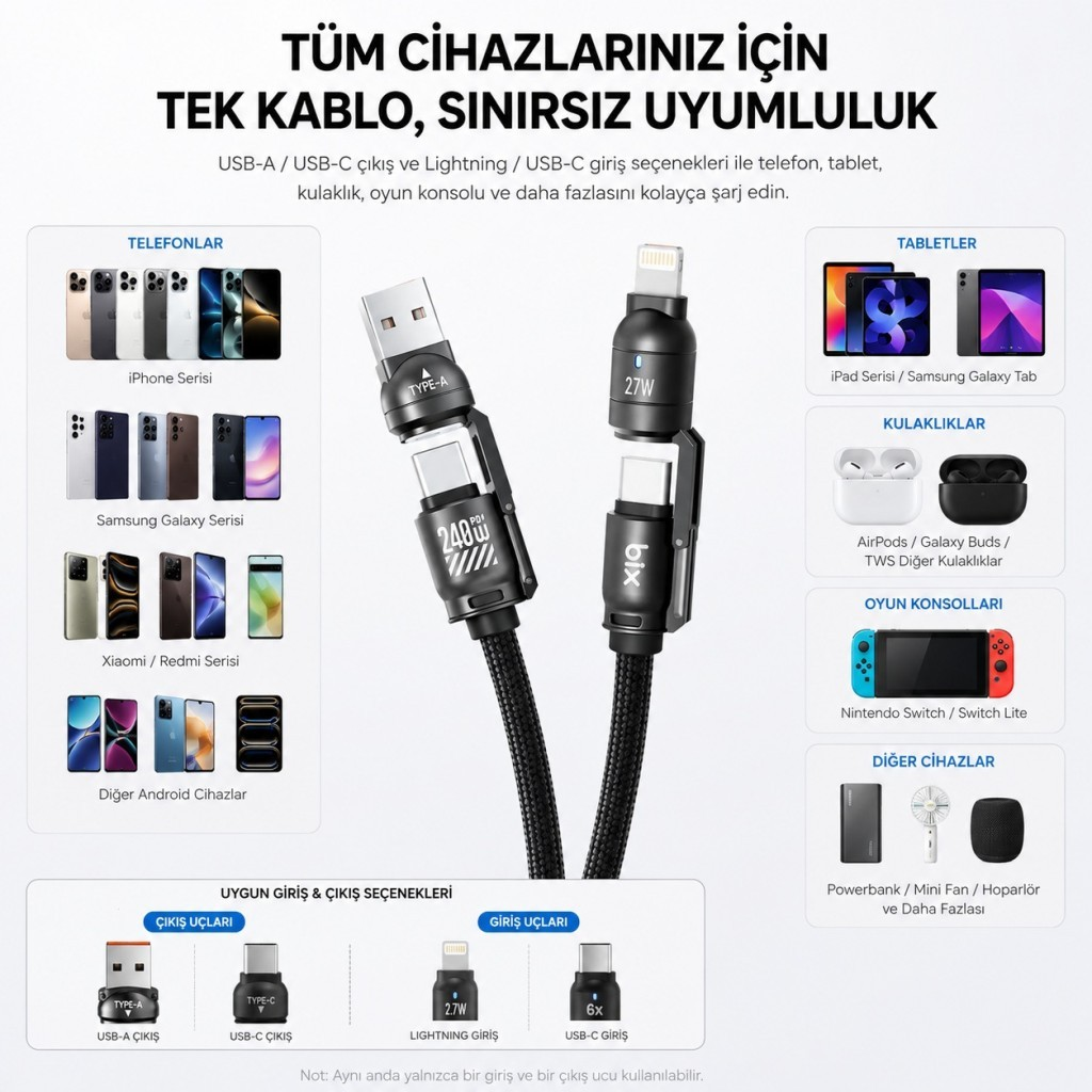 USB-A/USB-C çıkışlı ve Lightning/USB-C girişli çok yönlü şarj kablosu.