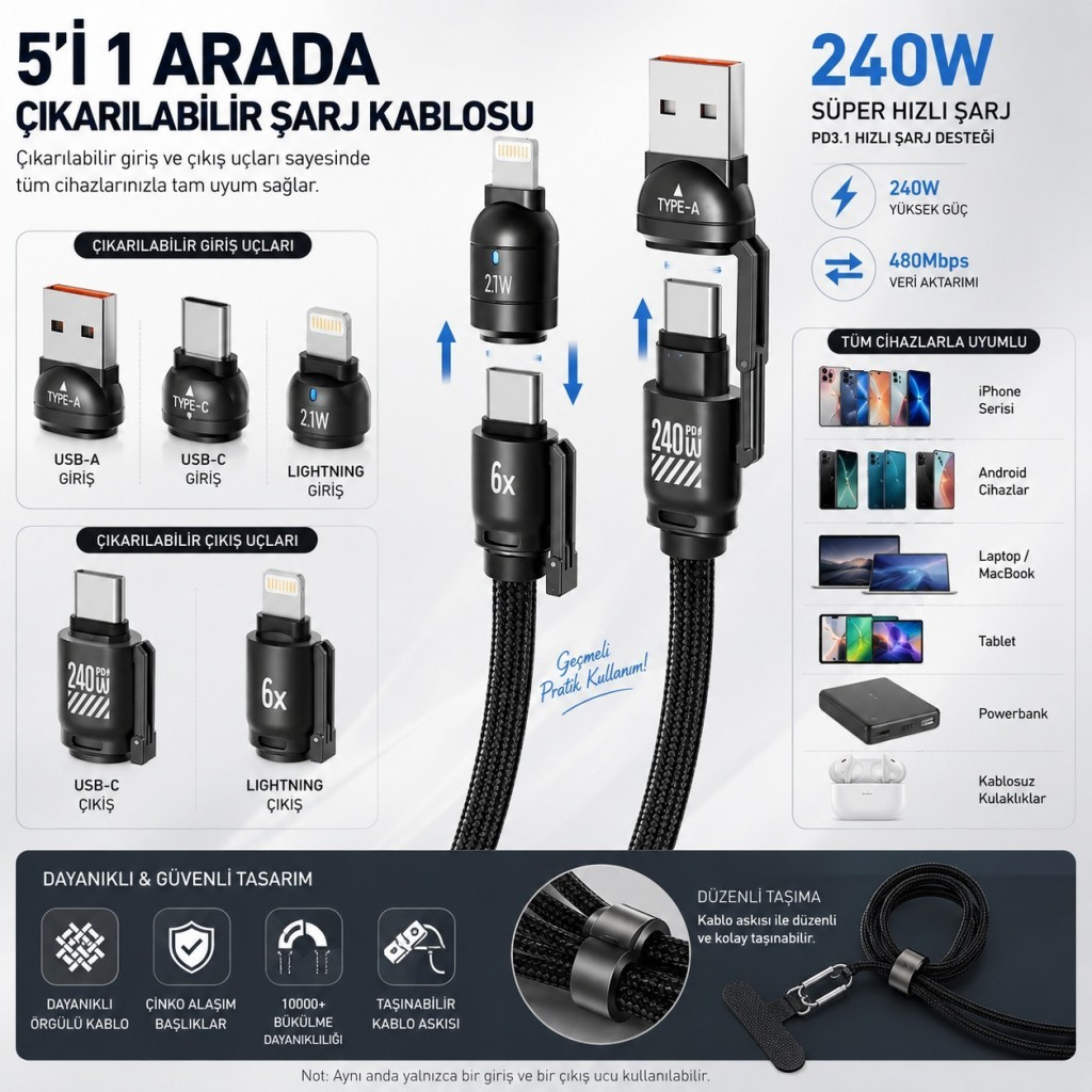 USB-A, USB-C, Lightning konnektörlü 5'i 1 arada çıkarılabilir şarj kablosu.