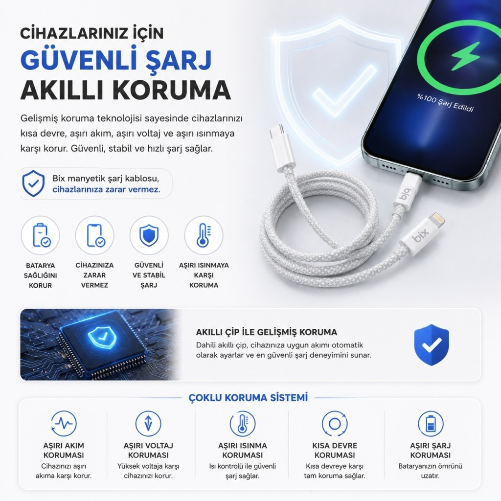 Tam dolu bataryalı bir akıllı telefon beyaz bir şarj kablosuyla bağlanıyor. Koruma simgeleri gösteriliyor.