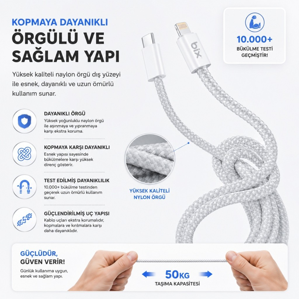 Örgülü tasarımlı beyaz USB-C - Lightning kablosu, 50 kg taşıma kapasitesi.