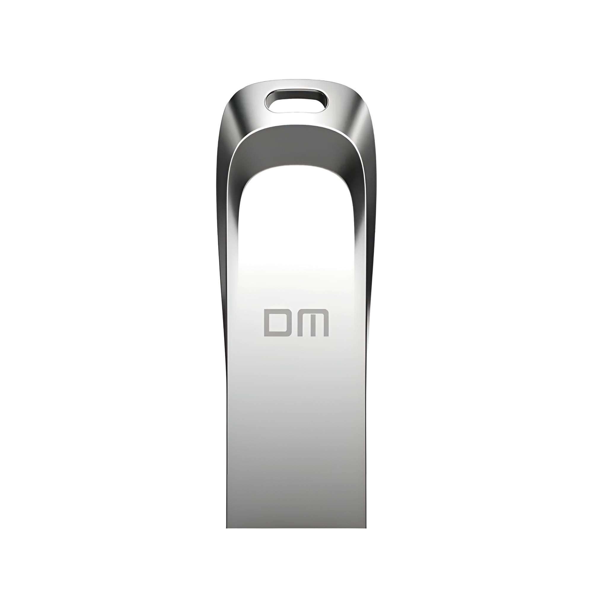 Üstte delikli, DM logolu gümüş USB bellek.