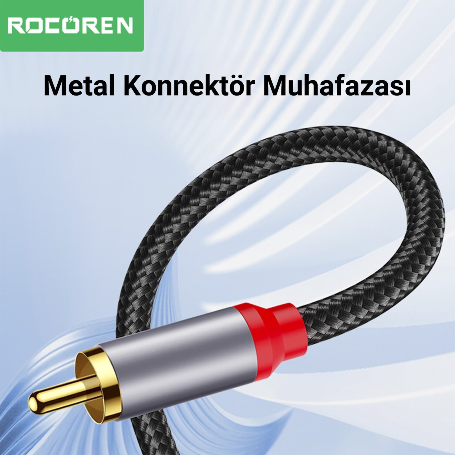 Gümüş RCA fiş, altın uçlu ve kırmızı yakalı, siyah örgülü kablolu.