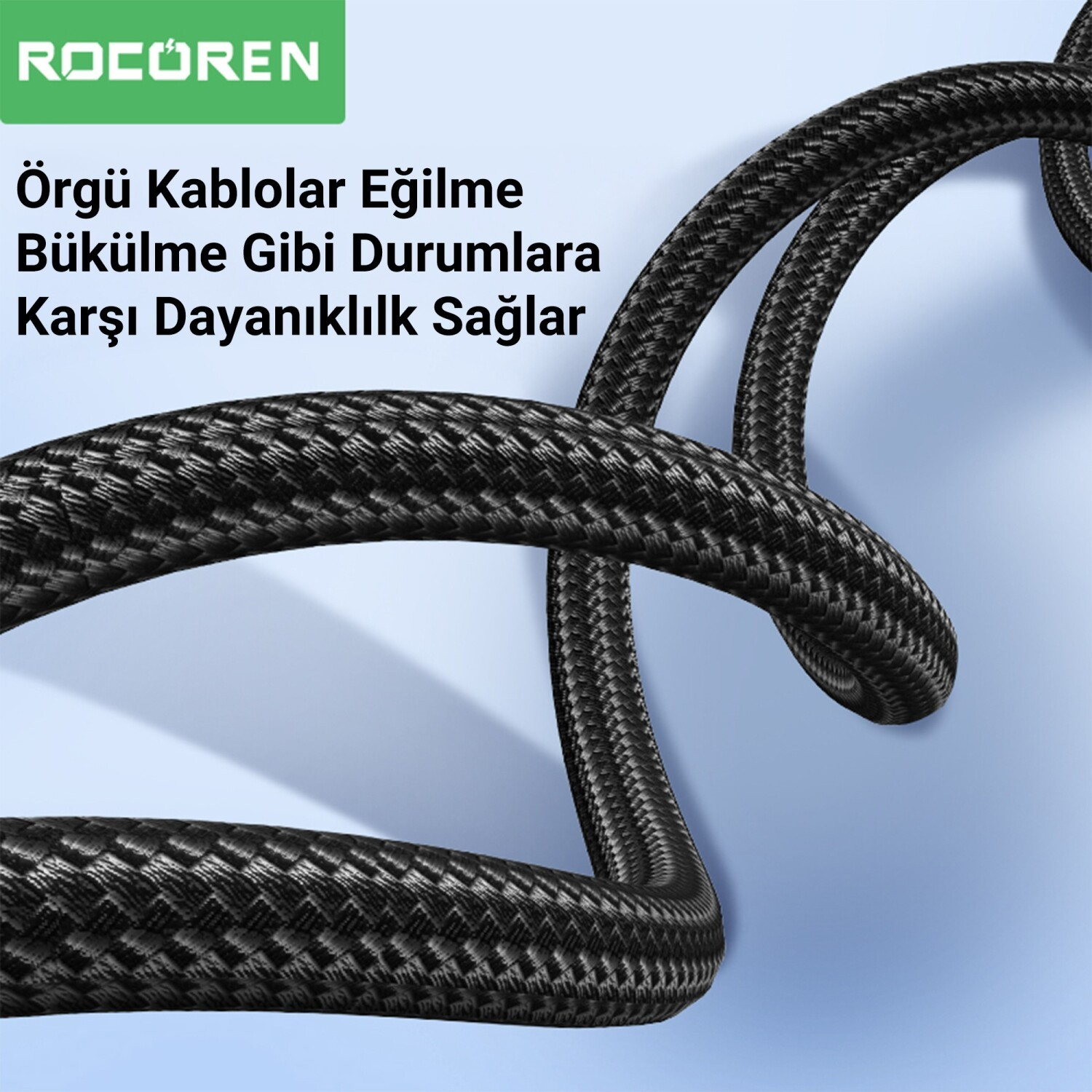 Mavi arka plan üzerinde siyah örgülü kablo. Üstte Rocoren logosu.